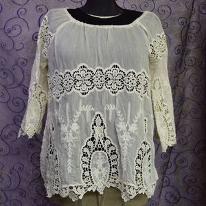Forgotten Grace Womens Sz Lrg Ivory Eyelet Lace Cut Out Ethereal Angelic Blouse